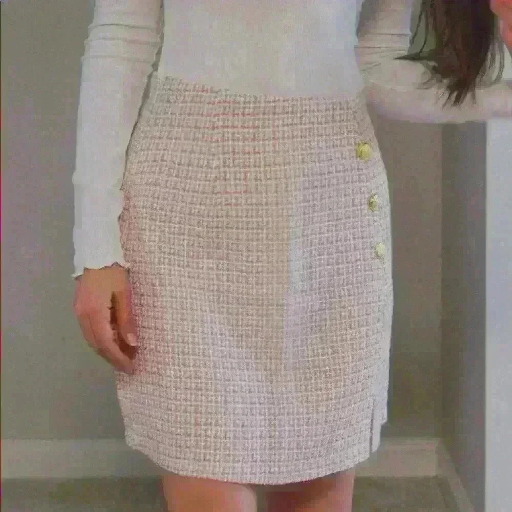 Baby Pink Plaid Button Detail Slit Hem Tweed Skirt